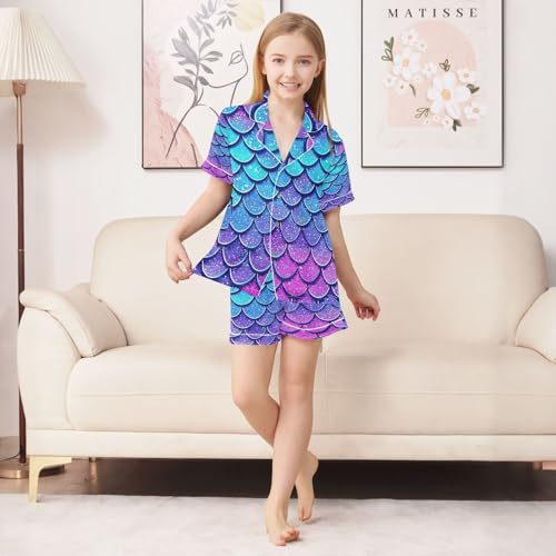 ALAZA Blue Color Dragon Scale Satin Pajamas Set Short Sleeve Button Down Sleepwear Summer Pjs 2 Piece3