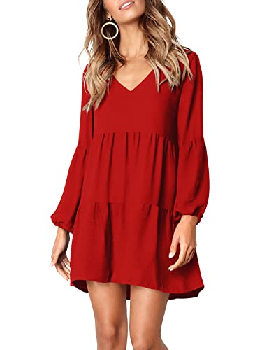 Amoretu Womens Long Sleeve Dresses Ruffle Tired V Neck Tunic Dress, Summer, Fall, 2025(Red, S) - Thumbnail 3