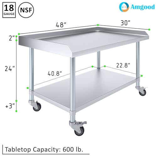 Image of AmGood Stainless Steel Equipment Stand with Undershelf + Casters, Heavy Duty, Commercial Grade, NSF Certified (30 inch Width x 48 inch Length + Casters)