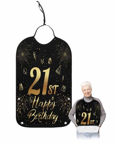 LEOKOTI Happy 21th Birthday Adult Bibs for Eating, Waterproof Bibs with Food Catcher & Adjustable Snap Closure, Black Golden Cake Fireworks Washable Clothing Protectors Adult Bibs for Elderly