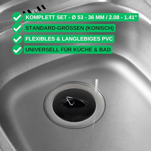 Universal Stöpsel Set, 4 Pack mit Allen Größen, in Schwarz, PVC Ablauf Stopfen für 1 1/2 - 1 3/4 - 2 Zoll Ventilabfluss, Abflussstöpsel Waschbecken, Waschbeckenstöpsel, Badewannenstöpsel Haushalt