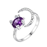NewZenro Anillo abierto de luna de gato con circonita cúbica morada para mujer, bonito chapado en plata, diseño de gatito de cristal, ajustable, nudillos, anillos pequeños, ajuste cómodo, joyería de