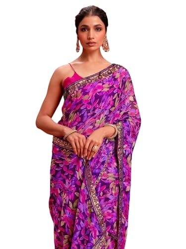 Image of SIRIL Women's Chiffon Printed Saree With Unstitched Blouse Piece