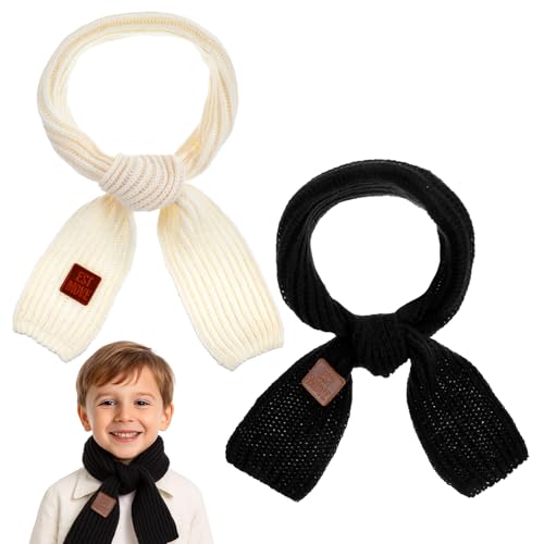 2Pcs Warm Kids Winter Knit Scarves, Soft Knitted Neck Warmer Toddler Scarf, Child Warm Scarves Wrap for Boys Girls, Kid Christmas New Year Gifts (Black, Beige)