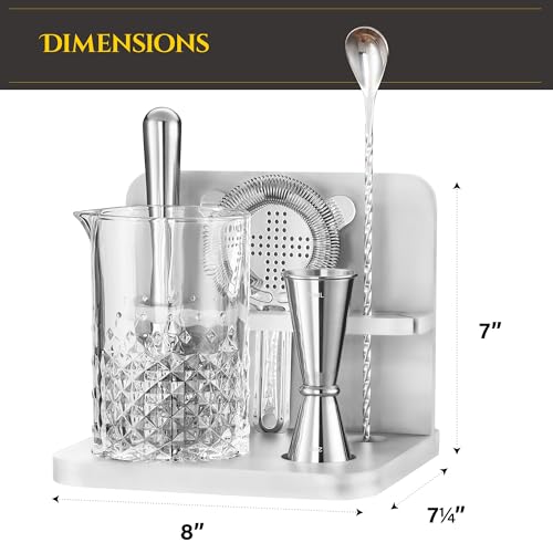Crystal Cocktail Mixing Glass Set with Bamboo Stand - 22 Oz 650ml - Thick and Sturdy Bottom, Durable and Seamless Design with Bar Accessories