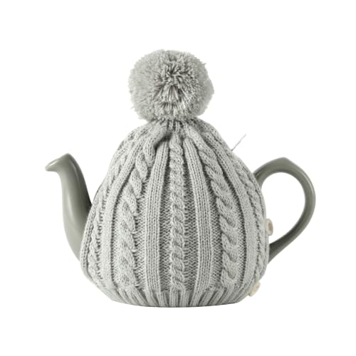 Image of One-Piece Cable Knit Teapot Cozy with Pom Pom Top, Acrylic Insulated Tea Pot Cover with 2 Button Fasteners & Lid Opening, British Style Hot Cold Insulator for 2 Cup 15-20oz Teapots,gray