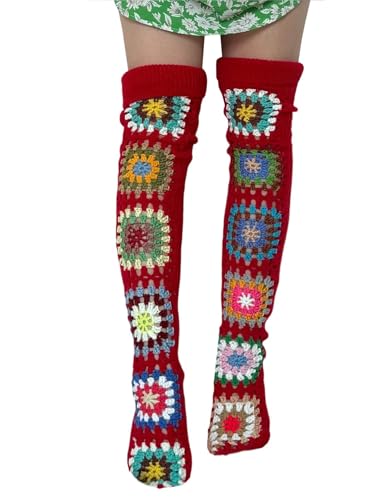 Image of SherryDC Women's Hangmade Flower Cable Knit Thigh High Socks Over Knee High Long Leg Warmers