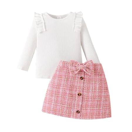 Baby Kinder Mädchen Kleidung Set Ruffle Gerippt Langarm Top Fliege karierten Rock 2PCS Frühling Herbst Kleinkind Outfits Set