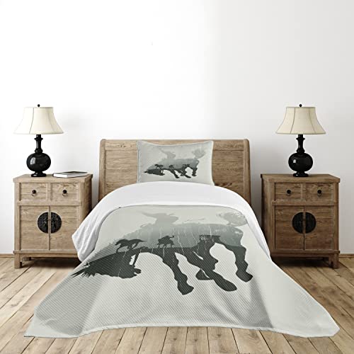 Lunarable Western Bedspread, Weathered Look Western Themed Cowboy Chasing Wild Horse In The Desert Rodeo Cowboy Artwork, Decorative Quilted 2 Piece Coverlet Set With Pillow Sham, Twin Size, Green Grey #TOP1