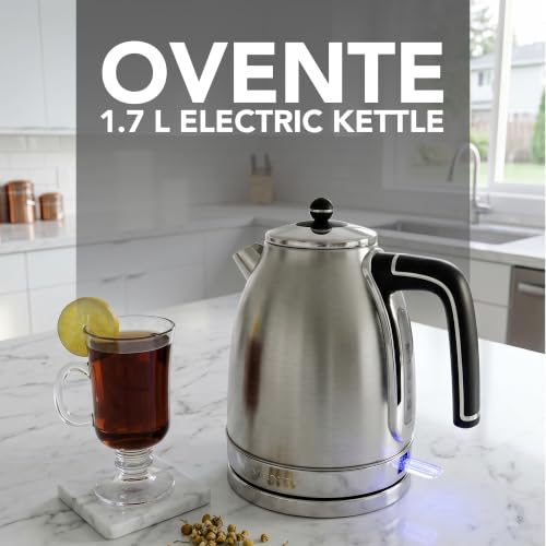 Image of OVENTE 1.7L Stainless Steel Electric Kettle, 1500W Power, Silver KS777S | Fast Boiling Heater, BPA Free, Cordless Body Design, Auto Shut-Off, Boil-Dry Protection, Indicator Light and Removable Filter