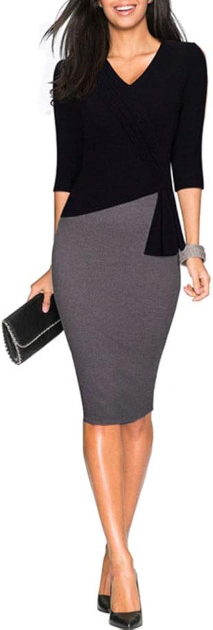 Amazon.com: Vestido elegante con cuello en V para mujer, cálido, elegante,  de retazos, para trabajo, oficina, bodycon femenino, manga 3/4, color  negro, talla: L : Ropa, Zapatos y Joyería