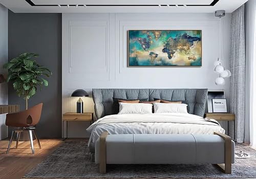 Image of Large World Map Canvas Prints Framed Wall Art for Living Room Office 24x48 Green World Map Picture Artwork Decor for Home Decoration(With Soild Wood Dark Framed)
