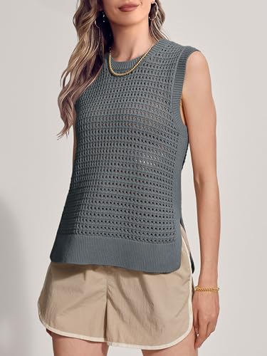 Image of SuperPrity Women's Sweater Vest Sleeveless Crochet Sheer Knit Sweater Tank Casual See Through Crewneck Sweater