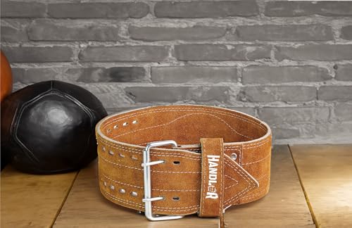 Image of Handler 100 percent all Leather Powerlifting Gym Belt- 5.5 mm | Weight Lifting Belt for Heavy Workout for Men & Women | Professional Heavy Weight Lifting (Brown, Large)