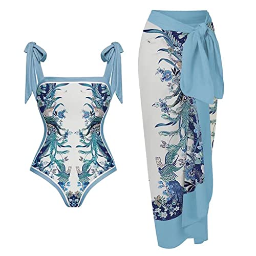 Hanaturu Traje de baño de dos piezas para mujer con estampado floral abstracto, 1 pieza traje de baño + 1 pieza encubrimiento, traje de baño de dos piezas con estampado vintage monokini bikini traje