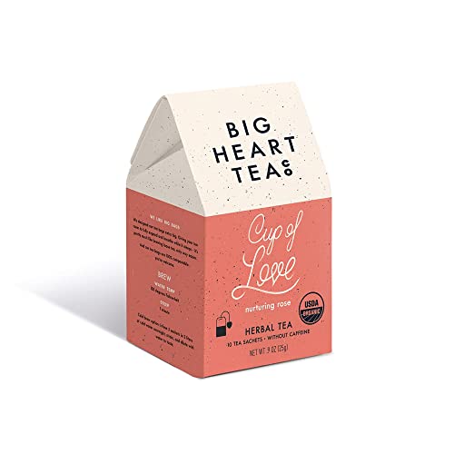 Image of Big Heart Tea Co. Tea Bags - Cup of Love Red Rose - Certified Organic, Floral Ayurvedic Herbal Decaf Tea in Zero Plastic Sachets with Small Batch Ground Herbs, Adaptogenic Tulsi, 10 Tea Bags