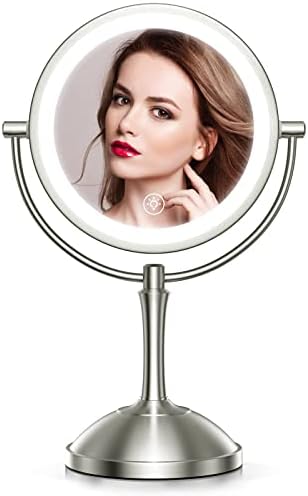 Benbilry 8" Lighted Makeup Mirror with 1X/10X Magnifying LED Light Mirrors 3 Color Dimmable Lights Double Sides Rechargeable Cordless Swivel Vanity Mirror with Lights and Magnification Nickel
