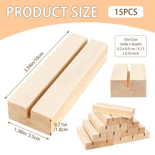 Image of 15Pcs 3.9x1.4 Inches Wood Table Number Stands, Wooden Place Card Holders, Acrylic Sign Holders for Wedding, Ceremony, Birthday, Party, Home Decoration, Events (3mm Slots)
