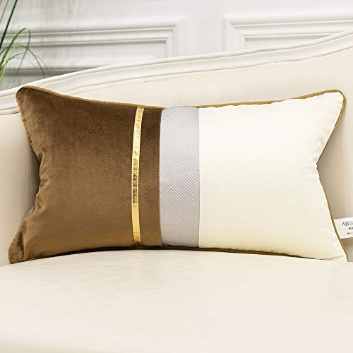 Avigers 12 x 20 Inches Coffee Brown White Gold Leather Striped Patchwork Velvet Cushion Case Luxury Modern Throw Pillow Cover Decorative Pillow for Couch Living Room Bedroom Car