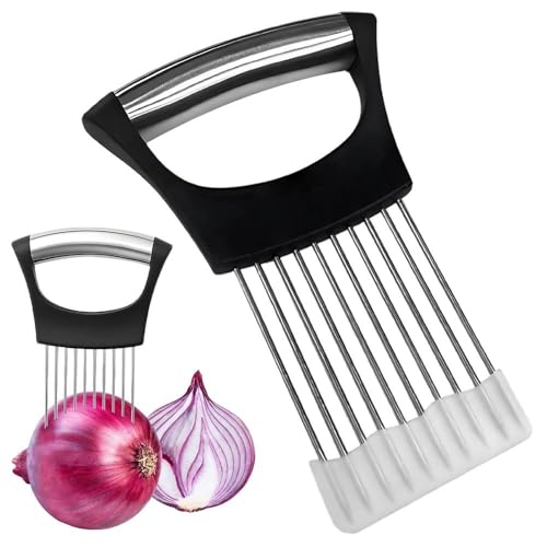 Onion Holder for Slicing, Small Kitchen Hand Onion Slicer with Protective Case, Upgraded Stainless Steel Food Slice Holder Lemon Slicer Vegetable Cutter Tool for Meat/Onion/Potato/Tomato