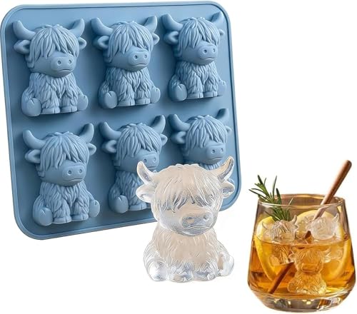 Mini Highland Cow Ice Cube Mould, Cute 3D Highland Cow Silicone Ice Cube Tray, 6-Cavity Reusable Highland Cattle Ice Mould For Cocktails, Chocolate, J