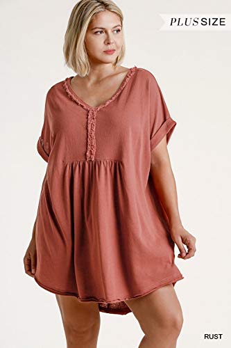 Umgee Women's Folded Sleeve Frayed Edge Dress (X-Large, Rust) #TOP1
