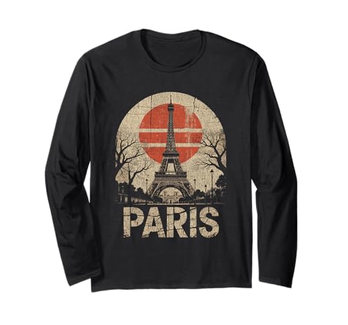 Paris Eiffel Tower Red Sun Vintage Minimal Japanese Design Long Sleeve T-Shirt