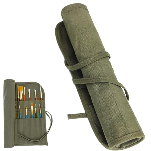 22-Slot Paint Brush Storage Roll Canvas Pouch, Artist Brush Holder Roll Up Bag for Watercolor Gouache (Army Green)