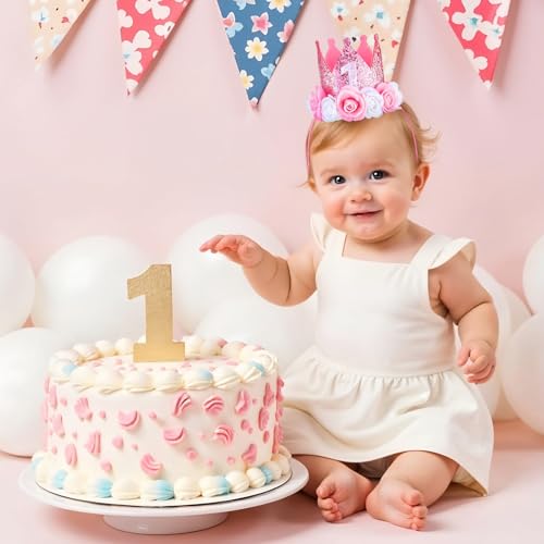 1st Birthday Crown for Girls, Pink Sprinkle First Birthday Hat, 1 Year Rose Gold Baby Girl Decoration, One Year Old Flowers Princess Outfit Felt Toddler Headband for Photo Props4