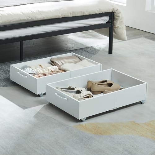 2-Pack Under Bed Storage Drawers Organizer with Wheels, White | 58L total capacity, 80 lb per Drawer, Fits 6 in Bed Clearance, Rolling Drawers for Shoes, Clothes, Linens, Toys