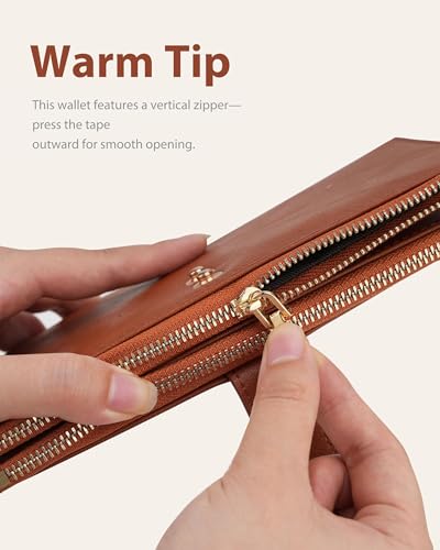 Image of Brown Women's Slim Wallet,Thin RFID Card Holder with Zipper Pocket | 12 Slot Wallet Organizer, Large Capacity, Vegan Leather, Coin Purse, Cash Compartment, Travel Wallet, Women Gift