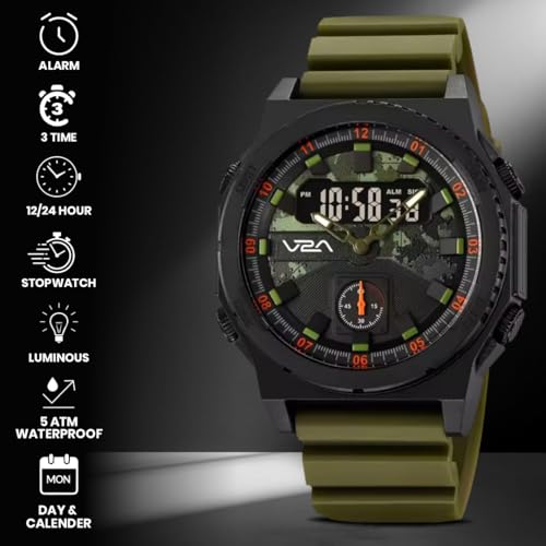 Image of V2A Stryke TERRAX 2855 Analog-Digital Watch for Men | Tactical Black Performance Dial with Digital Display | Rugged Everyday Sports & Outdoor Style Watch | 50M Waterproof