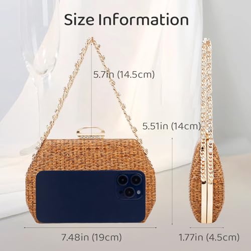 Image of Comeon Straw Clutch Bags for Women Evening Handbag with Rhinestone Handle Hand-Woven Summer Beach Bag Party Formal Purse