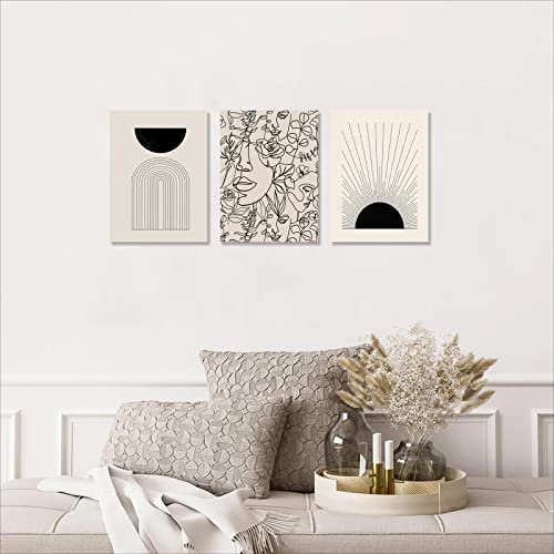 Minimalist Boho Wall Art Set of 3, Abstract Wall Art Black Beige Sunrise Women Line Wall Decor, Mid-Century Modern Art Print, Neutral Geometric Canvas Artwork Posters for Living Room, Bedroom, Bathroom, Gallery, Boho Room Decor -12\"x16\", Framed