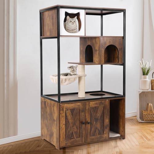 Joyqinchen Cat Litter Box Enclosure, Wooden Cat Tree with Hidden Litter Box Enclosure, Indoor Cat House with Condo, Hammock Scratching Mat and Storage Shelves (Brown, Large)