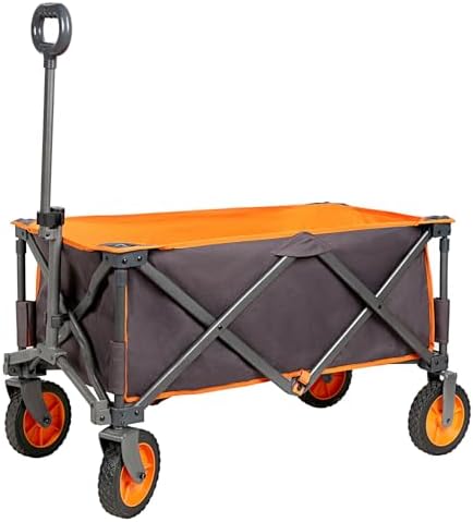 PORTAL Collapsible Folding Wagon, Push Pull Foldable Beach Wagon Cart with All-Terrain Wheels, Heavy Duty Utility Grocery Wagon for Outdoor Camping Garden Sport Shopping, Holds 225 lbs, Grey/Orange