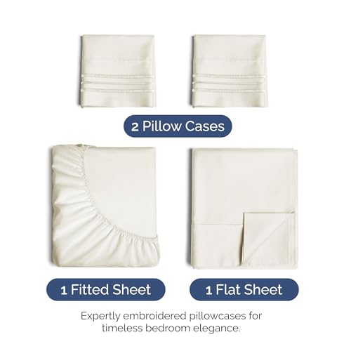 Image of King Size 4 Piece Sheet Set - Ultra Soft & Cooling Sheets - Ivory | Fits 8 Inch to 16 inch Mattress, Wrinkle Free & Fade Resistant with Deep Pockets, Breathable, Comfy Hotel Luxury Bedding