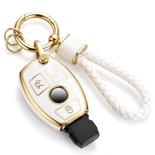 Image of for Mercedes Key Fob Cover with Metal Braided Rope Keychain for Benz Accessories, Upgraded Soft Key Case for Class Mercedes Benz (3 Button only) (Gold Edge)