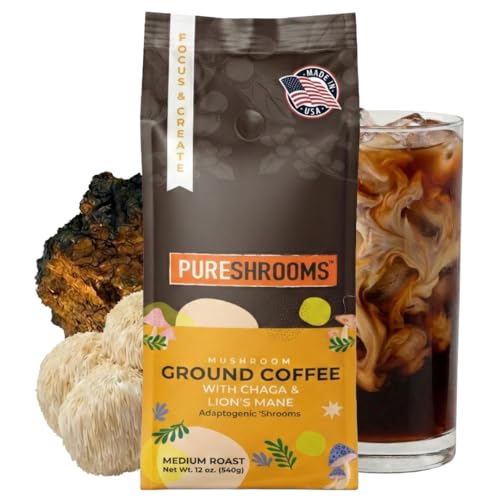 PureShrooms Focus & Create Mushroom Coffee – Ground Arabica Blend with Organic Lion's Mane & Chaga for Enhanced Focus, Memory, and Immune Support – 340g