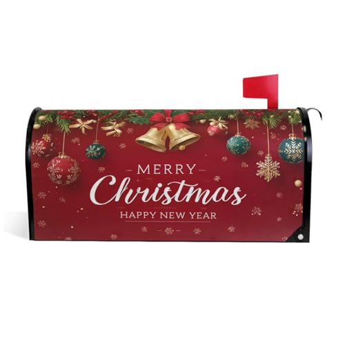 Wamika Merry Christmas Bells Mailbox Cover - Magnetic Xmas Balls, Snowflakes, Winter Bows, Fir Tree Design - Large Size 25.5