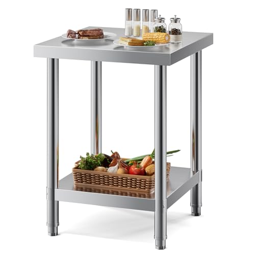 DKIEI 60 x 60 x 80cm Kitchen Catering Table Stainless Steel Food Prep Table Heavy Duty Commercial Work Table with Bottom Shelf 150kg Load Capacity Food Preparation Workbench for Restaurant Garage