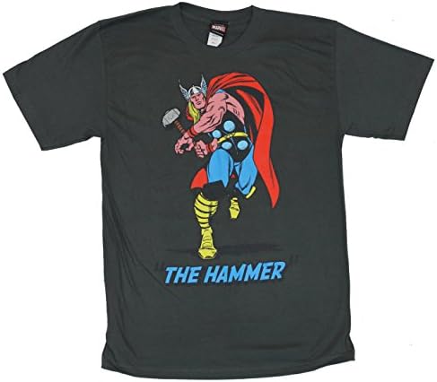 Thor (Marvel Comics) Mens T-Shirt - "The Hammer" Rushing Old School Thor Image (Extra Large) Gray
