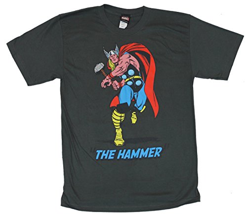 Thor (Marvel Comics) Mens T-Shirt - "The Hammer" Rushing Old School Thor Image (Extra Large) Gray