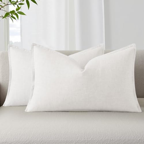 Image of decorUhome Decorative Linen Throw Pillow Covers 12x20 Inch Set of 2 Cream White Lumbar Pillow Covers with Flange Edges Soft Farmhouse Boho Accent Pillow Cases for Couch Bed Living Room