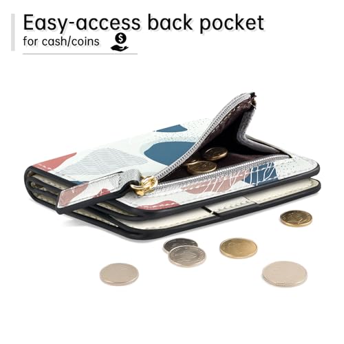 Image of Toughergun Boho Abstract Leaves RFID Small Wallet Women, Slim Thin Vegan Leather Bifold Wallet with Zipper Coin Pocket & ID Window, Cute Mini Credit Card Holder Gift for Women Ladies Teen Girls
