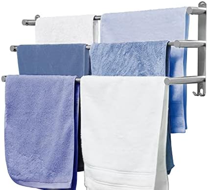 BIGLUFU Towel Rail Wall Mounted, 3-Tier Towel Holder with Hooks, Bath Self Adhesive Towel Rack Stainless Steel Towel Shelf Bar for Bathroom Kitchen, Adjustable 43-78cm (Silver)