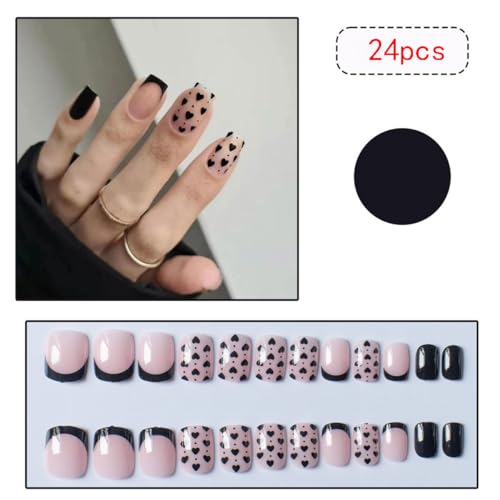 Black Heart Press on Nails Short Square Fake Nails French Tip Acrylic Nails Press on False Nails Valentine Design Nude Pink Glossy Reusable Full Cover Glue on Nails Stick on Nails for Women 24Pcs - Thumbnail 2