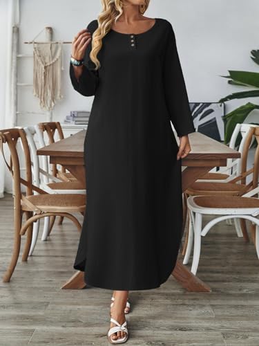 Image of Celmia Autumn Solid Loose Long Maxi Dress Cotton Caftan