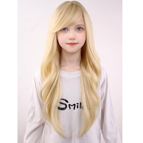 MAGQOO Blonde Wigs Kids Girls Long Curly Wavy Blonde Wig with Bangs Synthetic Halloween Cosplay Costume Party Wig