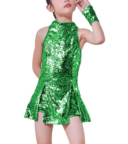 LOLANTA Traje de Baile de Lentejuelas para Niñas Ropa de Baile de Hip Hop Conjunto de Traje de Vestido de Baile Brillante, Verde, 4-5 años, 110